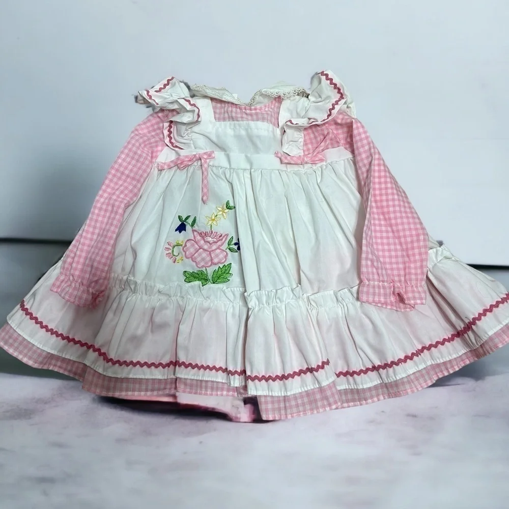 Vintage Smocked Embroidered Dress 12 mos Floral Pink Gingham Long Sleeve